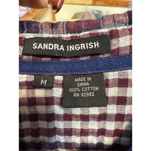 Sandra Ingrish Plaid Shirt Size M Gingham Cotton Buttonup Roll-tab Blue Burgundy - Picture 5 of 6